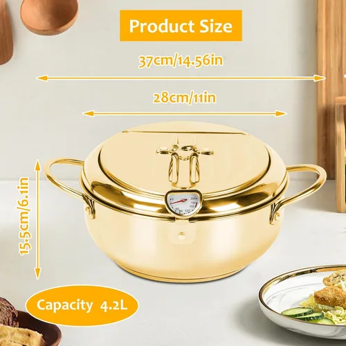 Vista 2 de Olla para freír tempura de 11 pulgadas/4.2 L con tapa, olla de acero inoxidable 304 con control de temperatura y rejilla de drenaje de aceite