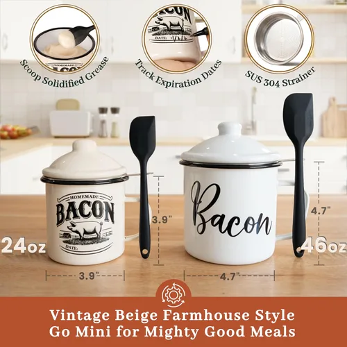 Vista 3 de Recipiente para grasa de tocino con colador - Con espátula de silicona de grado alimenticio de 24oz, recipiente rústico de grasa esmaltado