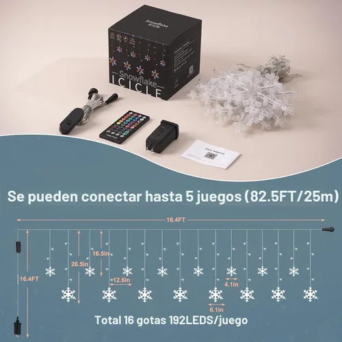 Vista 6 de Luces inteligentes de carámbano de copo de nieve de Navidad, 16.4 pies, 192 LED, 16 gotas, control remoto con aplicación enchufable en 16 millones