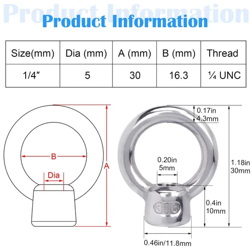 Vista 2 de PAGOW 2 piezas de acero inoxidable 316 tuerca de ojo de elevación, 1/4 "UNC de grado marino resistente, perno de ojo en forma de anillo de hardware