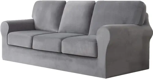Vista 17 de vctops Funda elástica de terciopelo para sofá de 3 plazas, 7 piezas, suave, lavable, con respaldo individual y fundas de cojín para niños, gatos