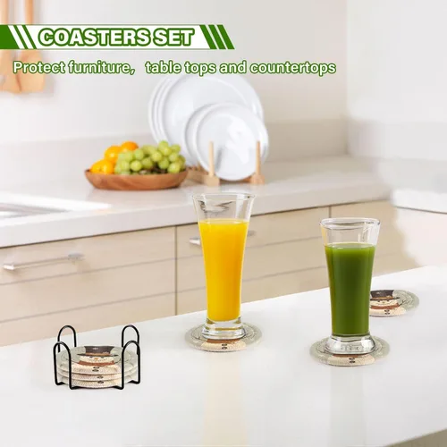 Vista 7 de 6 posavasos absorbentes de muñeco de nieve para protección de mesa, hechos a mano, redondos, tejidos con soporte y resistentes al calor, resistentes