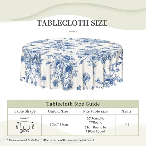 Vista 6 de Mantel redondo floral azul y blanco de 60 pulgadas, elegante mantel rústico vintage de flores, resistente a las manchas, impermeable, de poliéster