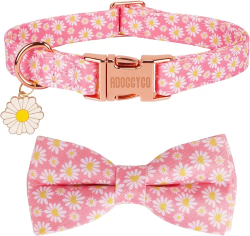 Vista 7 de ADOGGYGO Collar de perro floral con lazo, hebilla de metal, collar ajustable con lazo floral de rosa roja para perros extra pequeños (XS)