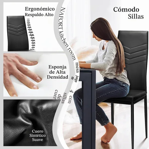 Vista 3 de NAFORT Juego de mesa de comedor para 4, mesa rectangular de vidrio templado de 48.5 pulgadas con 4 sillas de comedor de piel sintética negra, mesas