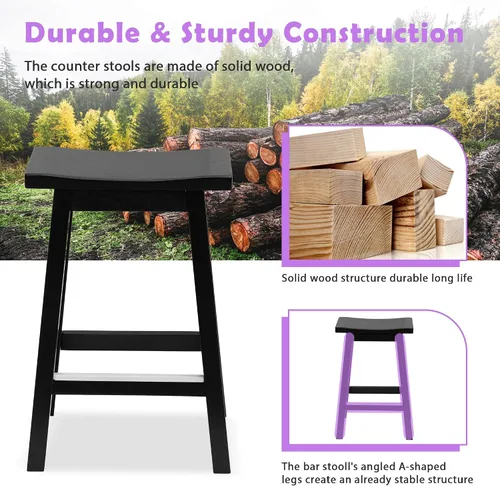 Vista 3 de Juego de 2 taburetes de bar de madera maciza con placas de pie de metal, taburetes modernos sin espalda de 24 pulgadas de altura para encimera