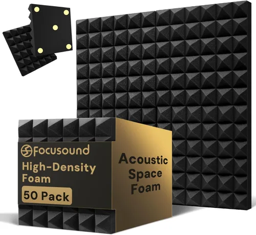 Vista 11 de Paneles acústicos, paquete de 24 unidades de 2 x 12 x 12 pulgadas con 120 adhesivos de doble cara, espuma piramidal a prueba de sonido para paredes