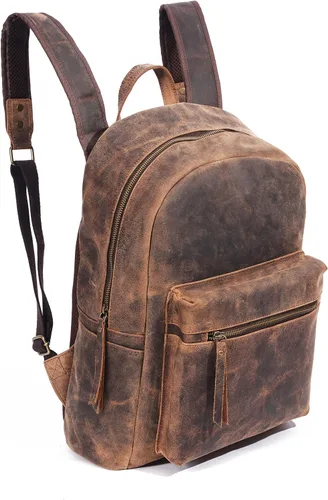 Vista 4 de KomalC Mochila de cuero para laptop para mujeres y hombres, viajes, senderismo, viajes, bolsa de campamento, desgastado bronceado, 15 pulgadas
