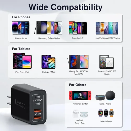 Vista 4 de [Paquete de 2/40W] Bloque de cargador de pared USB C de 4 puertos, cubo de carga rápida de ladrillo de alimentación tipo C Power Delivery, enchufe