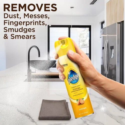 Vista 3 de Pledge Pulidor mejorador, spray de madera y muebles, aroma a naranja, 9.7 onzas