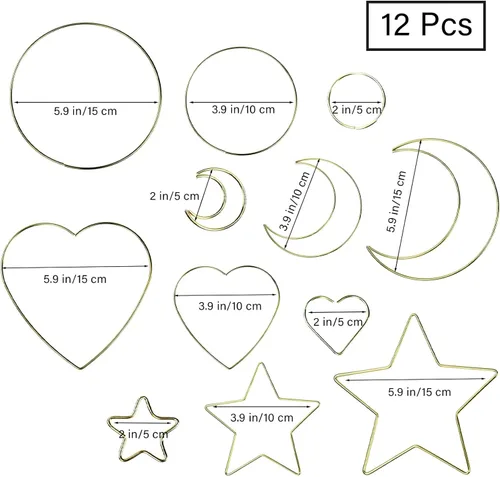 Vista 2 de 12 anillos de metal para atrapasueños, luna, estrella, corazón, círculo dorado para decoración de coronas de boda, manualidades para colgar