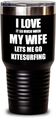 Vista 8 de EzGift Funny Kitesurfing Tumbler Gift Idea For Husband I Love It When My Wife Lets Me Sport Lover Joke Insulated Cup With Lid Black 20 Oz