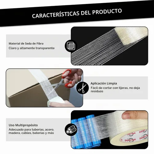 Vista 7 de Cinta de fibra de vidrio reforzada transparente de 2 pulgadas x 30 yardas, cinta de fleje de filamento de 5.5 mil, adhesivo resistente