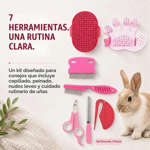 Vista 2 de Kit de aseo de conejo, cepillo de conejo de 7 piezas y cuidado de Rosado