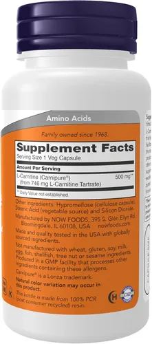 Vista 2 de NOW Suplementos, L-carnitina 500 mg, forma más pura, aminoácidos, soporte de fitness*, 60 cápsulas vegetales