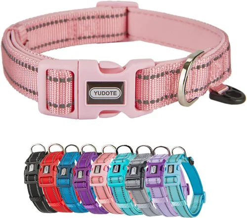 Vista 11 de Collar de nailon reflectante para perro con acolchado de neopreno suave y cómodo, ajustable para perros pequeños (cuello de 9.8 a 15 pulgadas, azul)