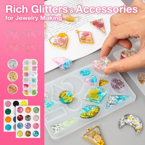Vista 5 de YIEHO Kit de resina UV de 10.58 oz con luz y moldes, kit de fabricación de joyas de resina premezclada endurecida transparente mejorada