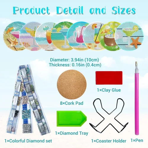 Vista 2 de CasaPopz Juego de 8 posavasos de arte de diamante con soporte para adultos, kits de posavasos de arte de diamantes antideslizantes para mujeres
