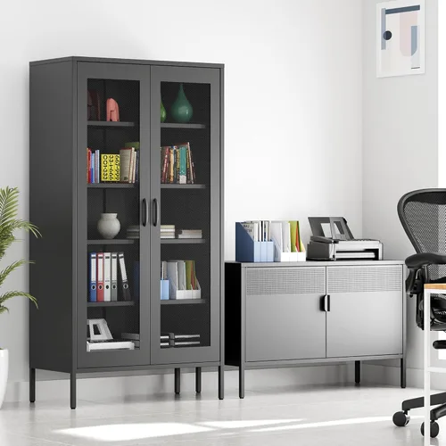 Vista 97 de Gabinete de almacenamiento de metal ancho negro, gabinete de acento de 2 puertas para el hogar y la oficina, gabinete de metal bajo de 2 niveles