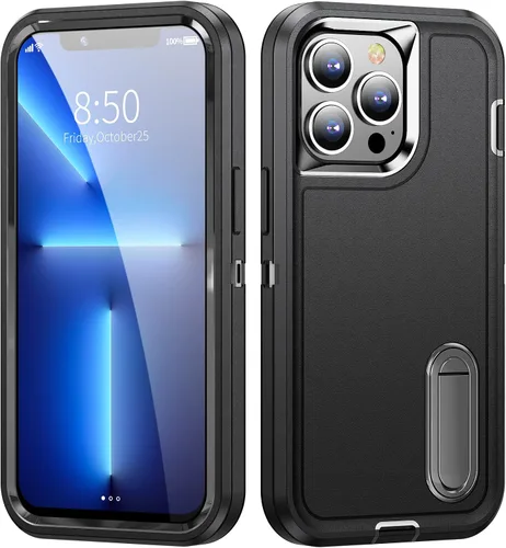 Vista 3 de IDweel Funda para iPhone 13 Pro Max con soporte, color negro para iPhone 13 Pro Max para hombres, protección de alta resistencia, a prueba