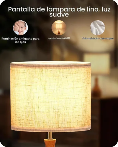 Vista 4 de LE09TLP205 - Juego de 2 lámparas de mesa de madera, lámpara de noche pequeña con pantalla de lino beige y base de madera natural oscura, lámpara