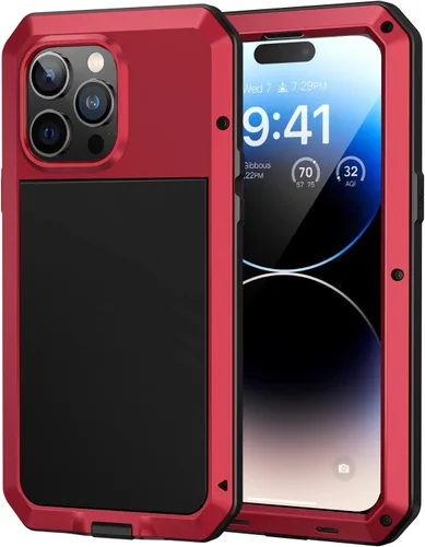 Vista 10 de Lanhiem Funda de metal para iPhone 14, resistente a los golpes, con protector de pantalla de vidrio integrado, 360º cuerpo completo a prueba de Negro