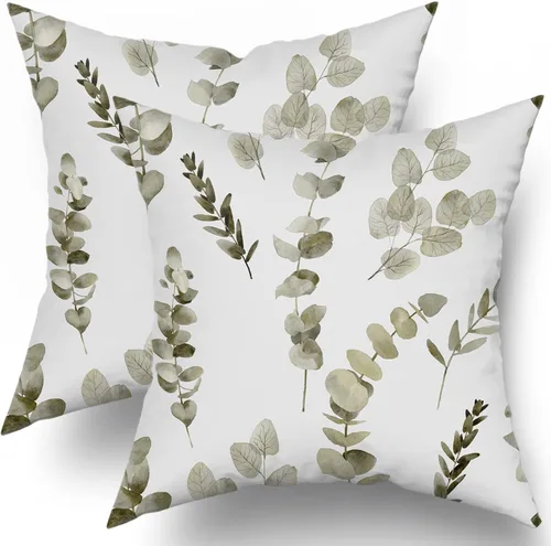 Vista 12 de Sweetshow Juego de 2 fundas de almohada decorativas de hojas azules marrones de 16 x 16 pulgadas, diseño de ramas de eucalipto, hojas florales