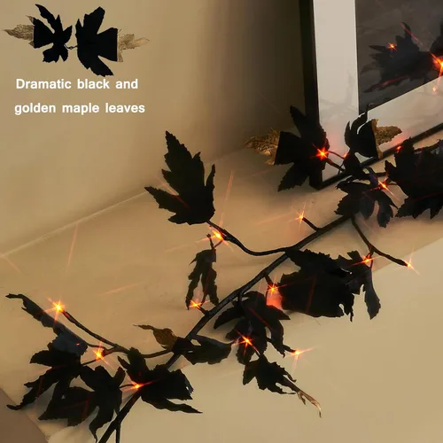 Vista 7 de Birchlitland - Guirnalda negra de Halloween de maple con luces, temporizador, 48 LED, luces de hadas naranjas y blancas cálidas, funciona