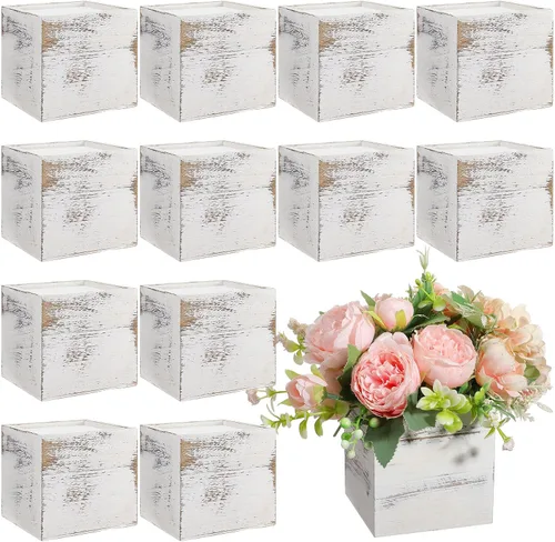Vista 9 de Suzile Juego de 12 Cajas Plantadoras de Madera de 5 Pulgadas Jarrones Cuadrados de Flores para Centro de Mesa Caja Plantadora Cúbica Rústica