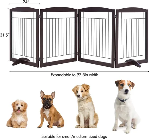 Vista 4 de Yaheetech Puerta extra ancha independiente para perros, valla plegable para cachorros con pies de apoyo adecuada para puertas, escaleras, 98 Espresso