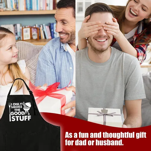 Vista 6 de Delantal divertido para hombres – I Only Smoke The Good Stuff – Delantal de cocina humorístico con 2 bolsillos y correa ajustable para el cuello