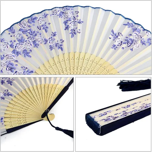 Vista 4 de Bantoye 2 ventiladores de mano, abanicos plegables de seda con marcos de bambú para bailar, cosplay, boda, fiesta, decoración, blanco y azul