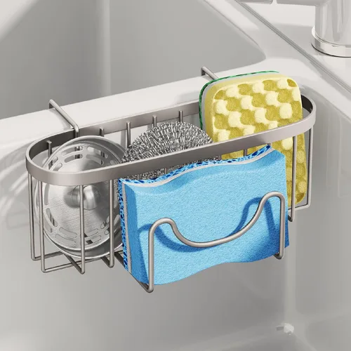 Vista 13 de SWTYMIKI Soporte de esponja para fregadero de cocina, organizador móvil para fregadero de cocina con gancho en forma de M, esponjas colgantes