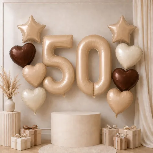 Vista 25 de Decoración de Globos Número 10 de 40 Pulgadas, Globos de Corazón Neutro de Papel de Aluminio Crema Retro Albaricoque Marrón con Globo de Helio