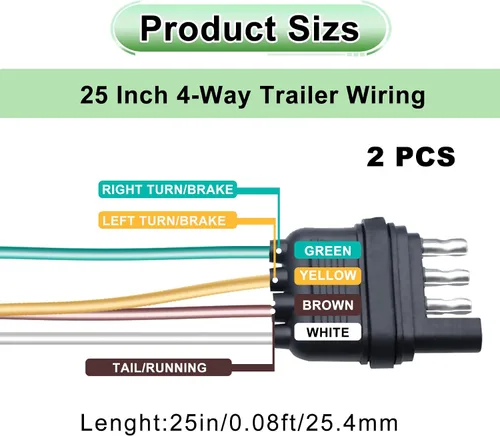 Vista 4 de 2 paquetes de 25 pulgadas, 4 vías, 18 AWG, 4 puntas, arnés de cableado para remolque, conector de repuesto de extremo macho para cable de enganche
