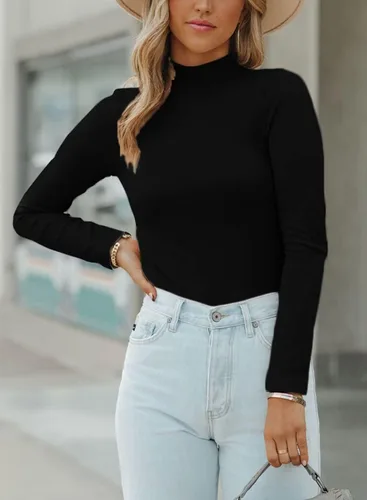 Vista 2 de SANDERY Camisetas de cuello alto falso para mujer, camisas casuales de manga larga, camiseta básica acanalada, ajustada, linda blusa