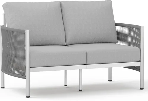 Vista 26 de Sofá de dos plazas de aluminio para patio exterior, sofá de patio de cuerda HDPE con cojín grueso lavable, muebles de patio para todo tipo de clima