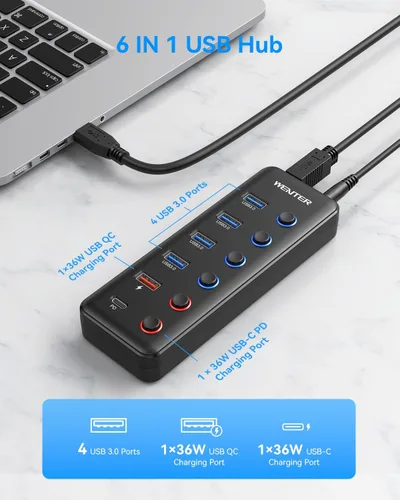 Vista 2 de Wenter Hub USB 3.0 alimentado, divisor de concentrador USB de 6 puertos