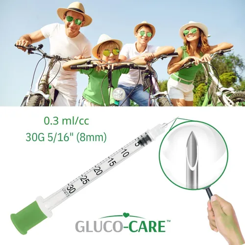 Vista 4 de GLUCO-CARE - Jeringas de 0.3 ml/cc, 30G x 5/16’’ (8mm), tapa naranja, 100/caja