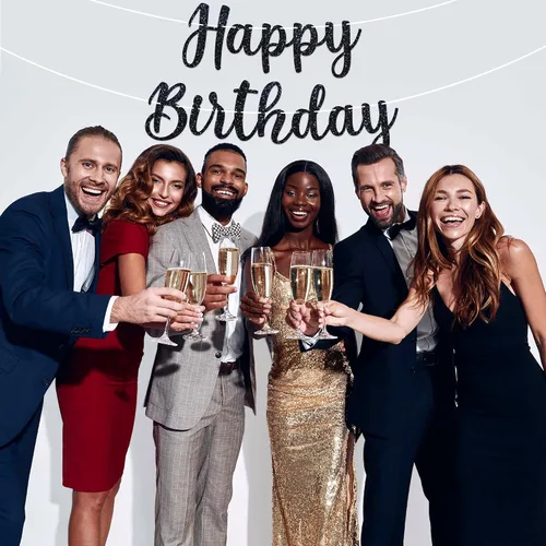 Vista 9 de Cartel de feliz cumpleaños pre-encordado – No DIY – Cartel negro de feliz cumpleaños para hombres y mujeres – Guirnalda preencordada en hebras de 6