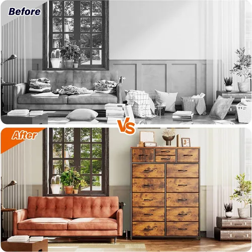 Vista 4 de EnHomee Cómodas altas para dormitorio con cajón, cómodas para dormitorio, cómodas de tela y cómodas para sala de estar, parte superior de madera
