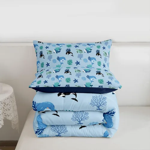 Vista 7 de Erosebridal Blue Ocean - Juego de edredón tamaño individual Juego de ropa de cama de ballena delfín y tortuga marina para niños y niñas, juego