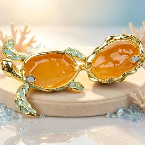 Vista 8 de Caja de joyería decorativa con bisagras en forma de tortuga marina, con figura de estrella de mar Azul-Dorado