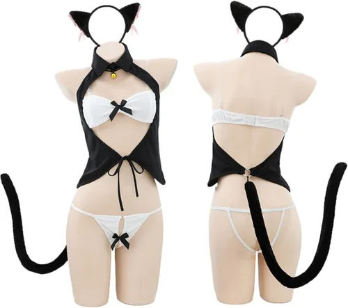 Vista 5 de Lencería sexy para mujer, juego de rol travieso de Catgirl para sexo con gato, disfraz de criada Lolita Cosplay con conjunto de cola