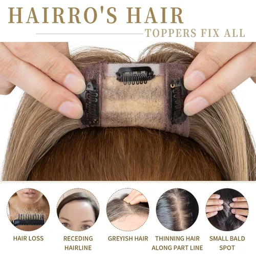 Vista 69 de Hairro Toppers de cabello humano 100% real para mujeres sin flequillo, postizos de cabello real con clip, base de seda transpirable para cubrir