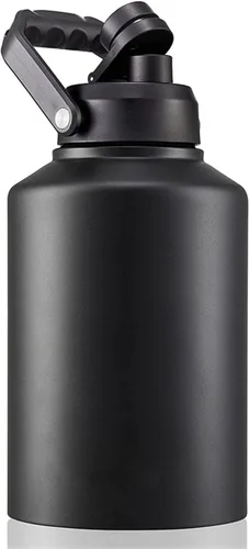 Vista 6 de Botella de agua aislada al vacío de boca ancha de 64 onzas, 128 onzas, con asa, cubo de hielo de acero inoxidable, taza de viaje, gran cantimplora