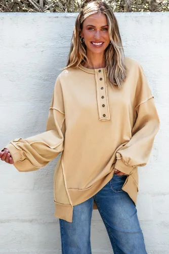 Vista 3 de AlvaQ - Sudadera de gran tamaño para mujer, informal, de manga larga, con botones y cuello Henley, tipo túnica