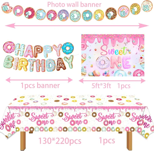 Vista 7 de Decoraciones de primer cumpleaños para niña, decoración de primer cumpleaños con telón de fondo, cajas de globos, mantel, decoración de pastel