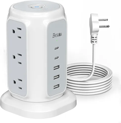 Vista 7 de Regleta de enchufe plano ultradelgada de 6.5 pies 9 Outlets and 5 USB Ports (2 USB C), 1200J Surge Protector, Ultra Thin Extension Cord, 45°