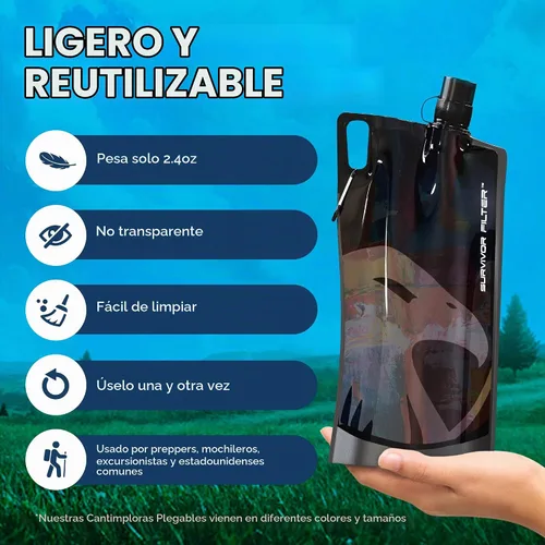 Vista 5 de Survivor Filter Botellas de agua plegables transparentes para viajes, senderismo, plegables, sin BPA, 2 unidades Negro